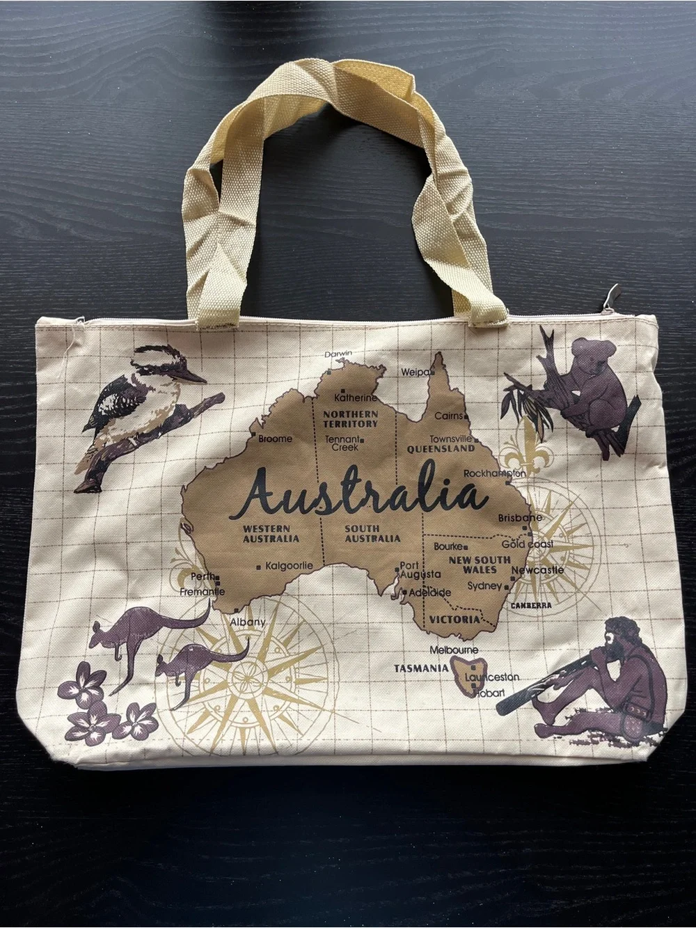 Vintage Style Australia Map Canvas Zippered Tote Bag Beige Large